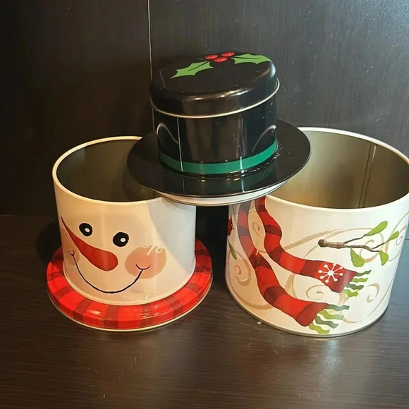 Celebrate it Snowman tin container set xmas light Mistletoe snowflake snow decor - Picture 7 of 9